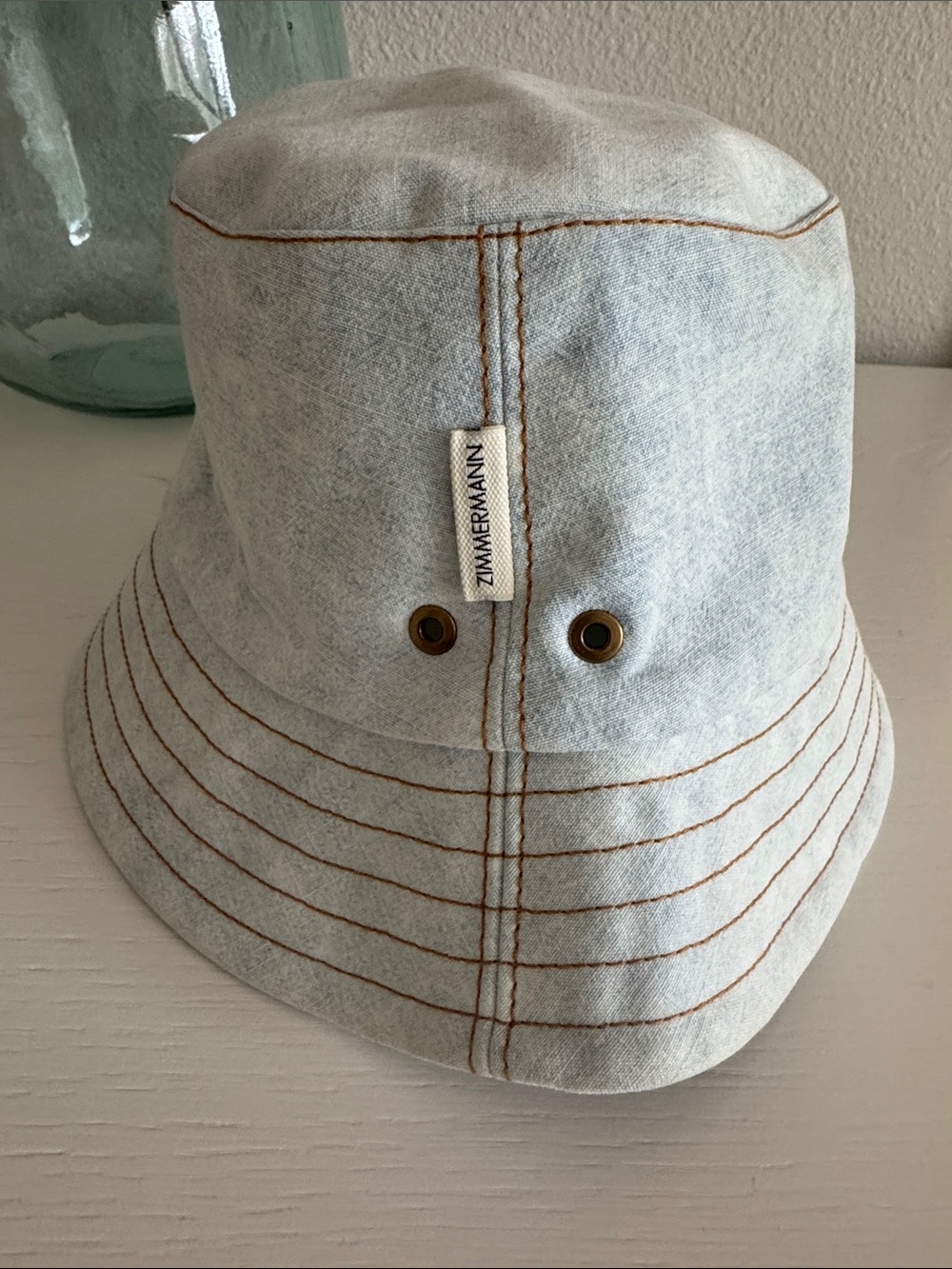 Zimmermann Light Denim Bucket Hat with Brown Topstitching - Picture 2 of 5